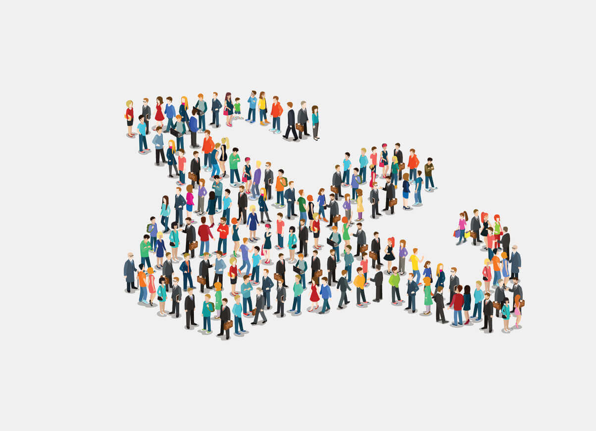 Image of people standing in an abstract shape